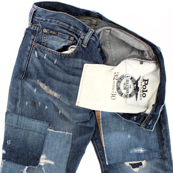Polo Ralph Lauren Men's Blue Patch The Sullivan Slim Fit Distressed Jeans 32x30 - Picture 10 of 16